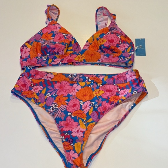 CUPSHE Bikini 2 Piece Swimsuit High Waisted Bottom Floral Print Ruffle V Neck L - Picture 6 of 12